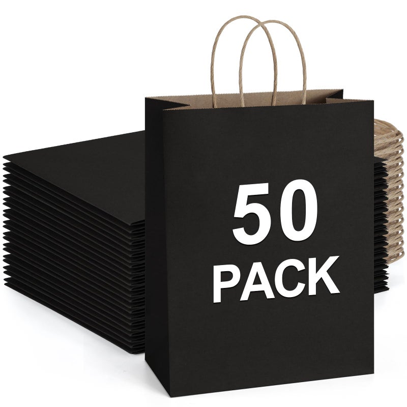 BagDream Gift Bags 10x5x13 50Pack Kraft Paper Shopping Bags with handles Bulk, for Shopping, Retail, Merchandise, Party Favor, Business, 100% Recycled Black Large Paper Gift Sacks - Image 1
